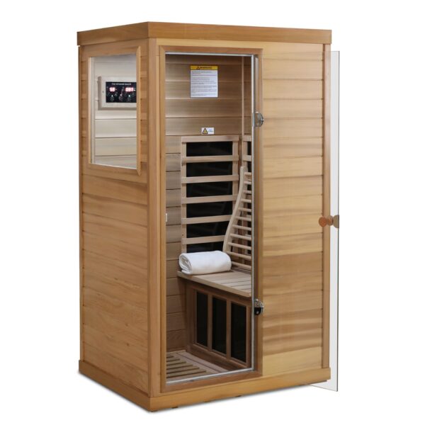 Red Cedar Mini 1 Person Far Infrared Glass Door On The Left Of The Indoor Sauna Room - Natural Wood / Caramel