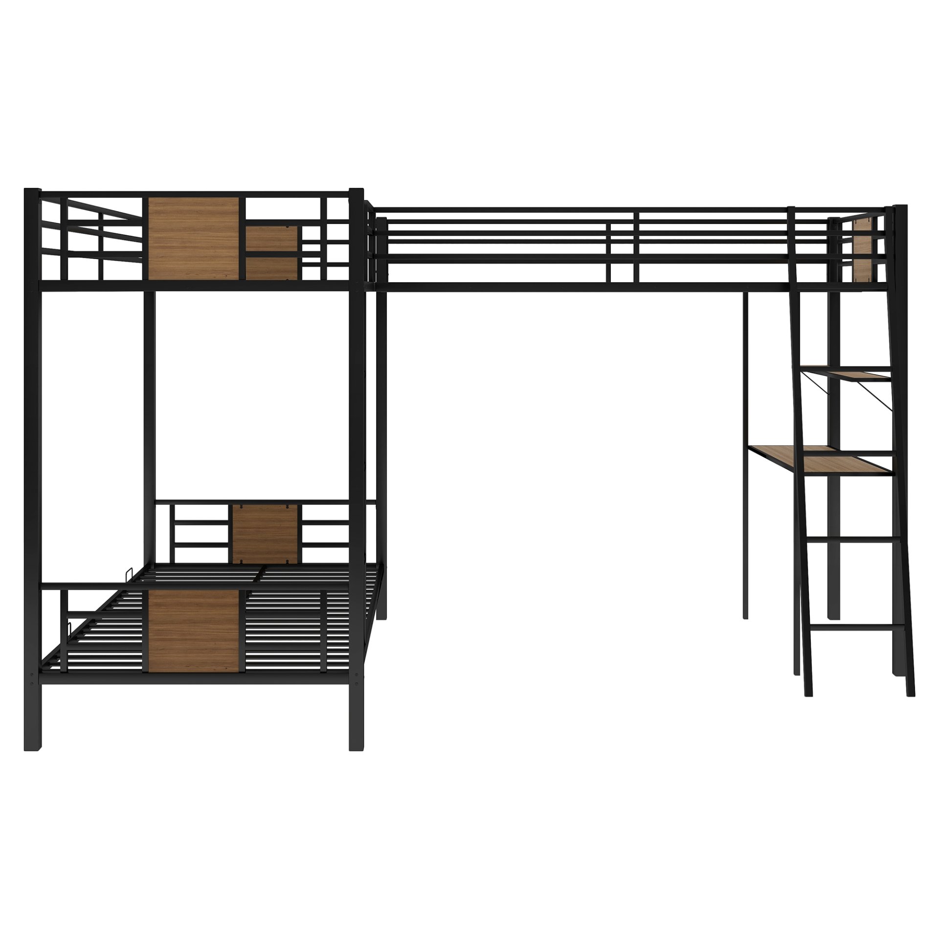 L-Shaped Twin Over Twin Bunk Bed With Twin Size Loft Bed With Desk And Shelf - Brown - Image 7