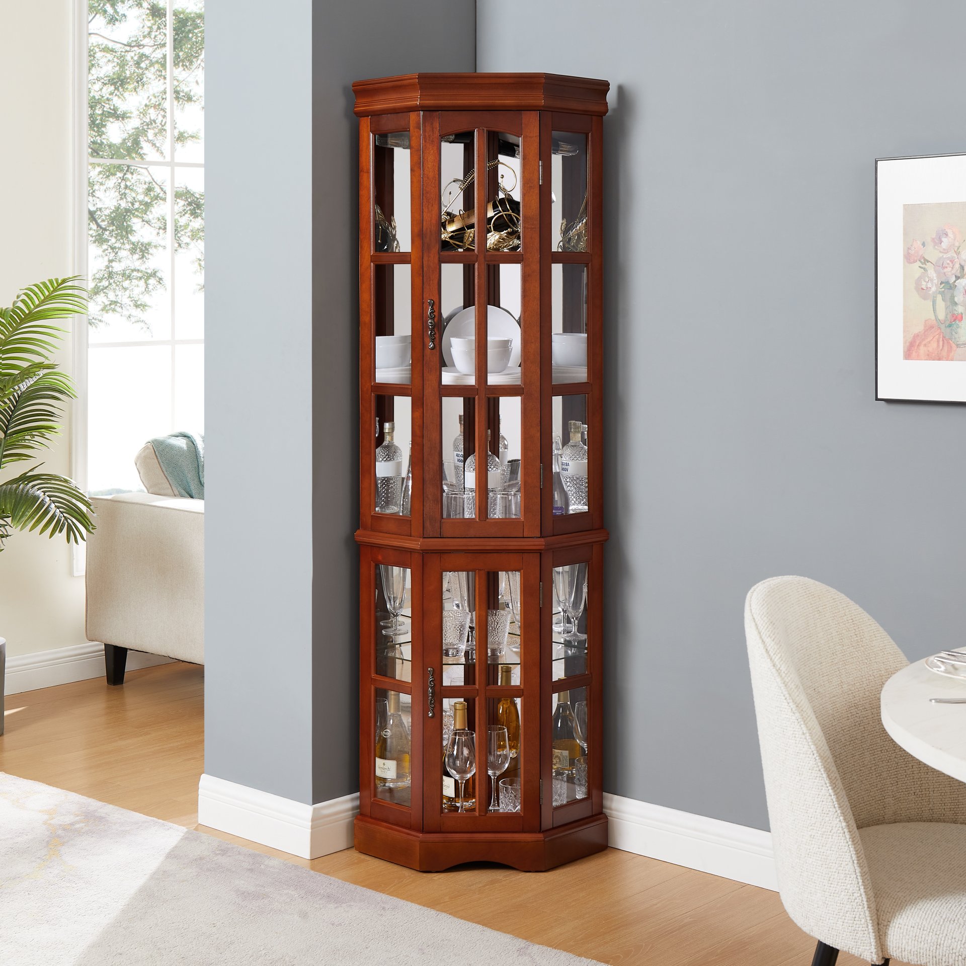 Corner Curio Cabinet With 5 Shelves And Lighting System (E26 Light Bulb Not Included) - Walnut - Image 5
