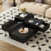 Mid Century Modern Coffee Table, Unique Square Wooden Coffee Table With 3 Drawers, Tempered Glass And Solid Wood Legs For Living Room - Black - Image 3