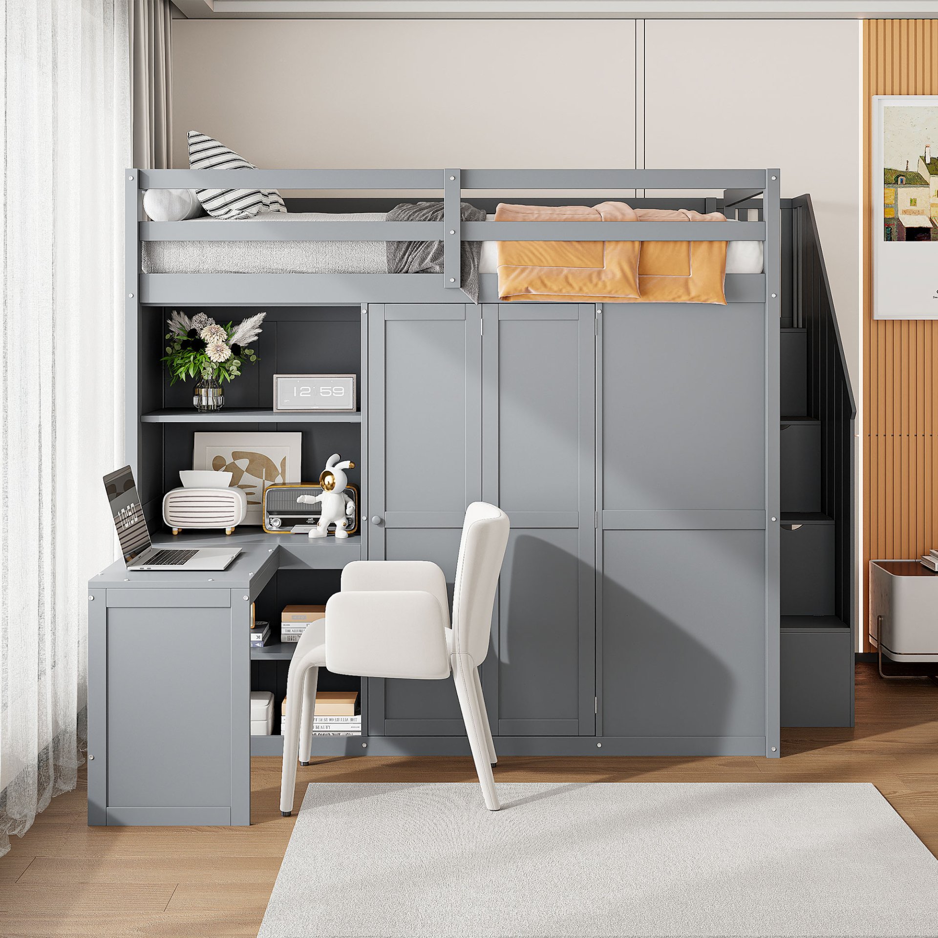 Full Size Loft Bed With Wardrobe, Desk And Shelves - Gray - Image 2