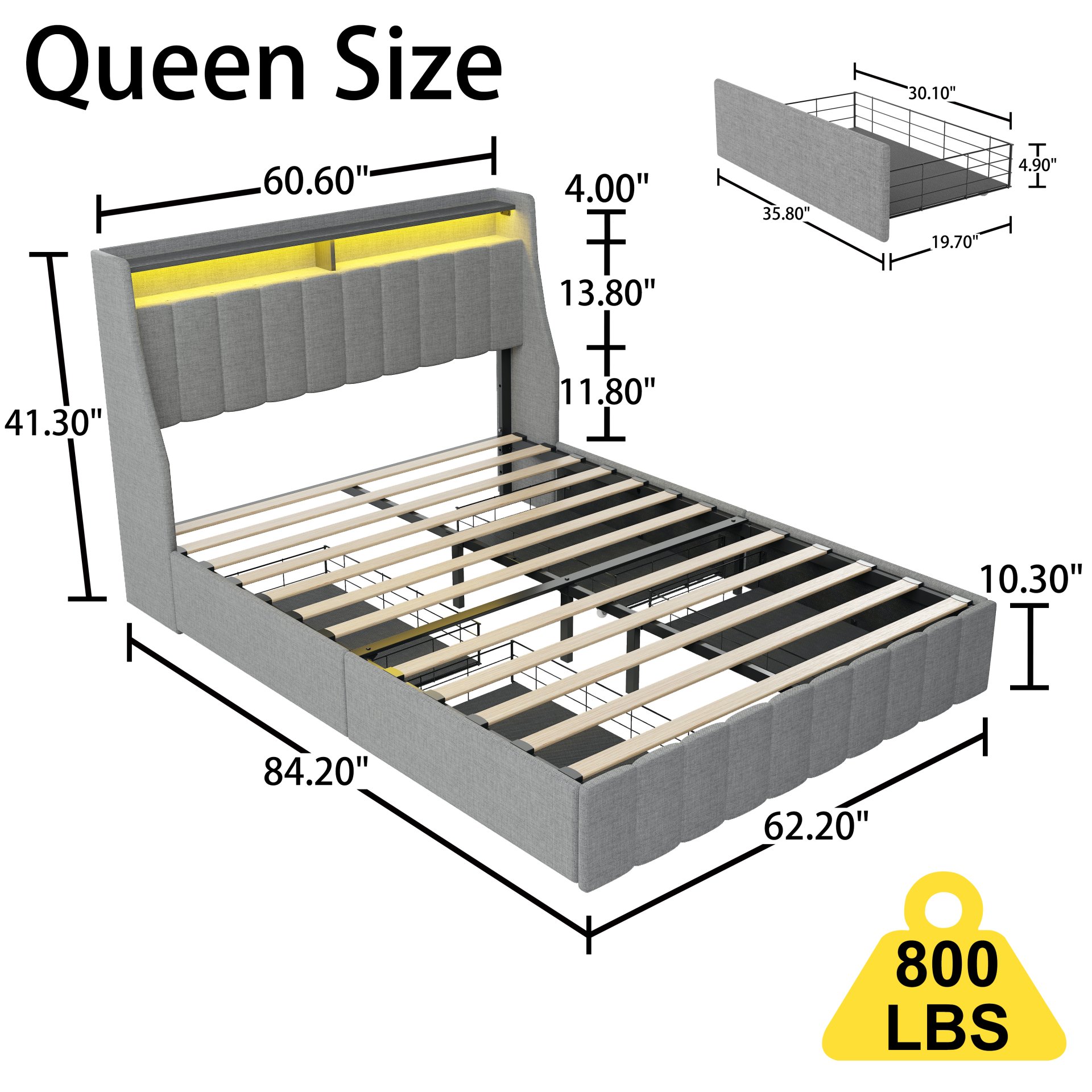 Queen Size Bed Frame With LED Lighting, Winged Headboard With Storage Drawers - Light Gray - Image 3