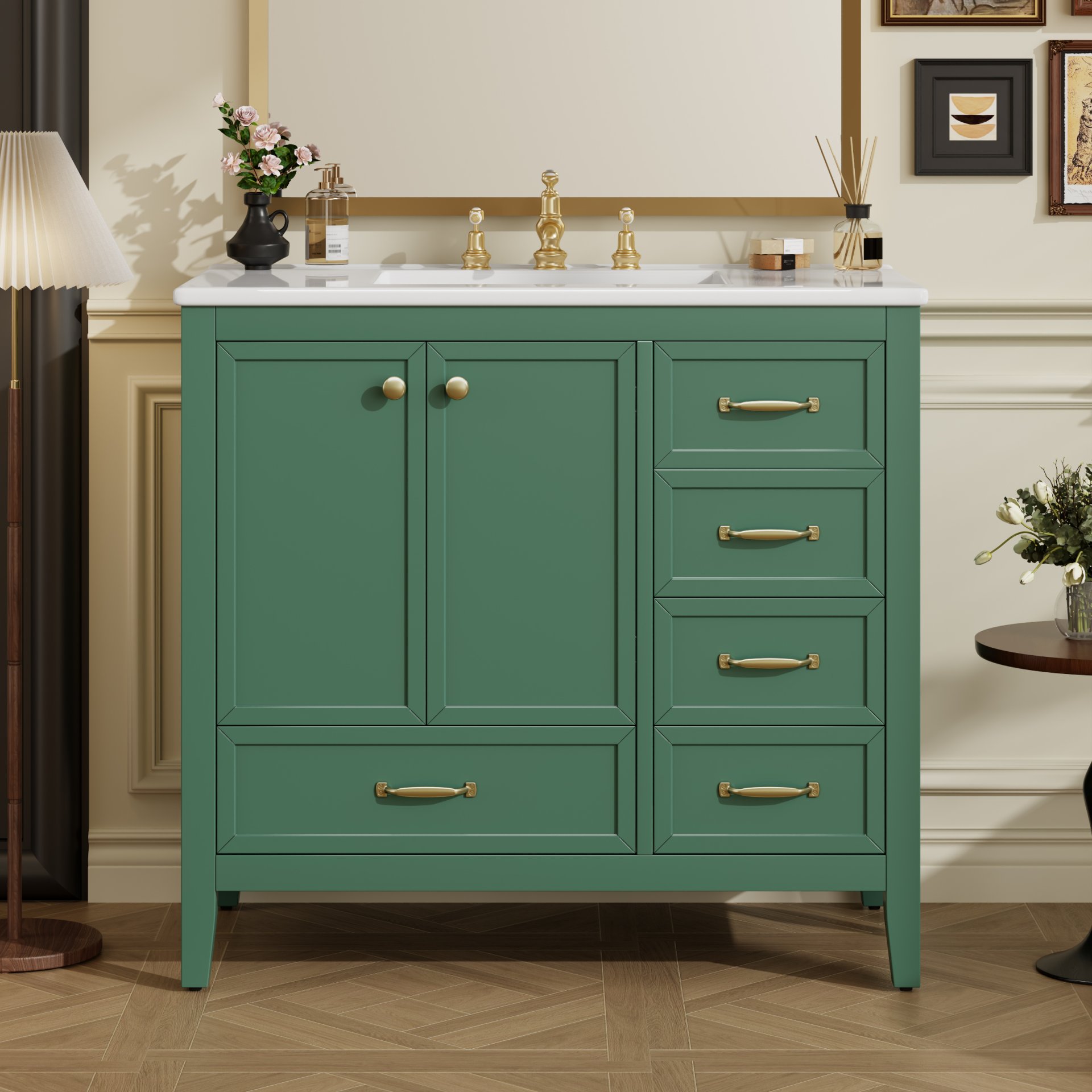 Elegant Vintage 36" Bathroom Vanity With Sink And Soft Closing Door, 4 Drawers Of Different Sizes Frame - Green - Image 4