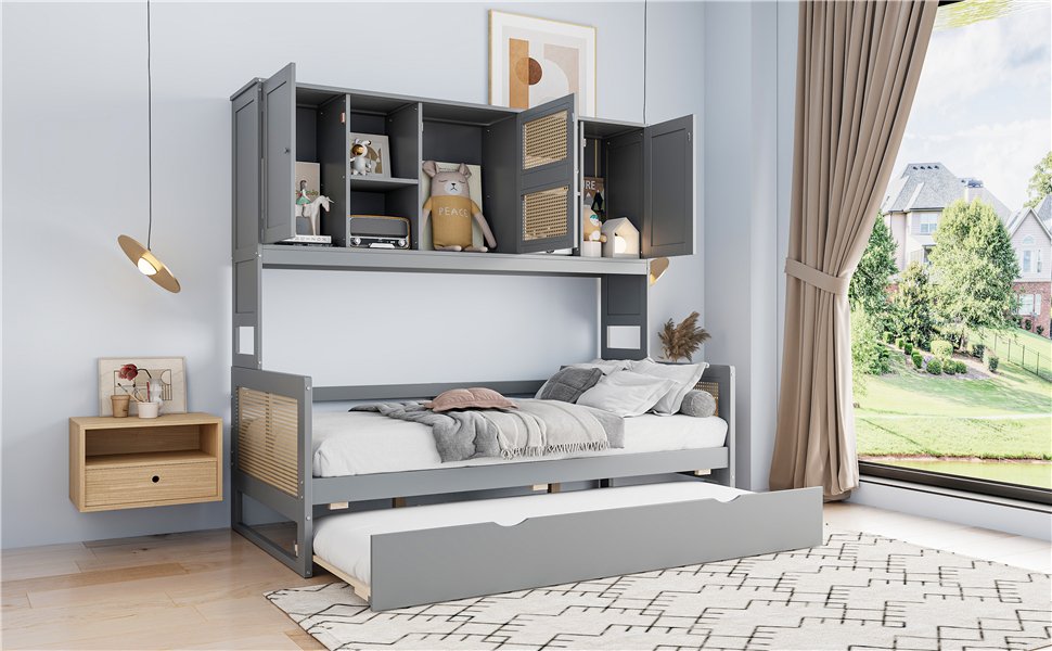 Twin Size Wooden Daybed With Twin Size Trundle, And All In One Cabinet And Shelf - Gray - Image 4
