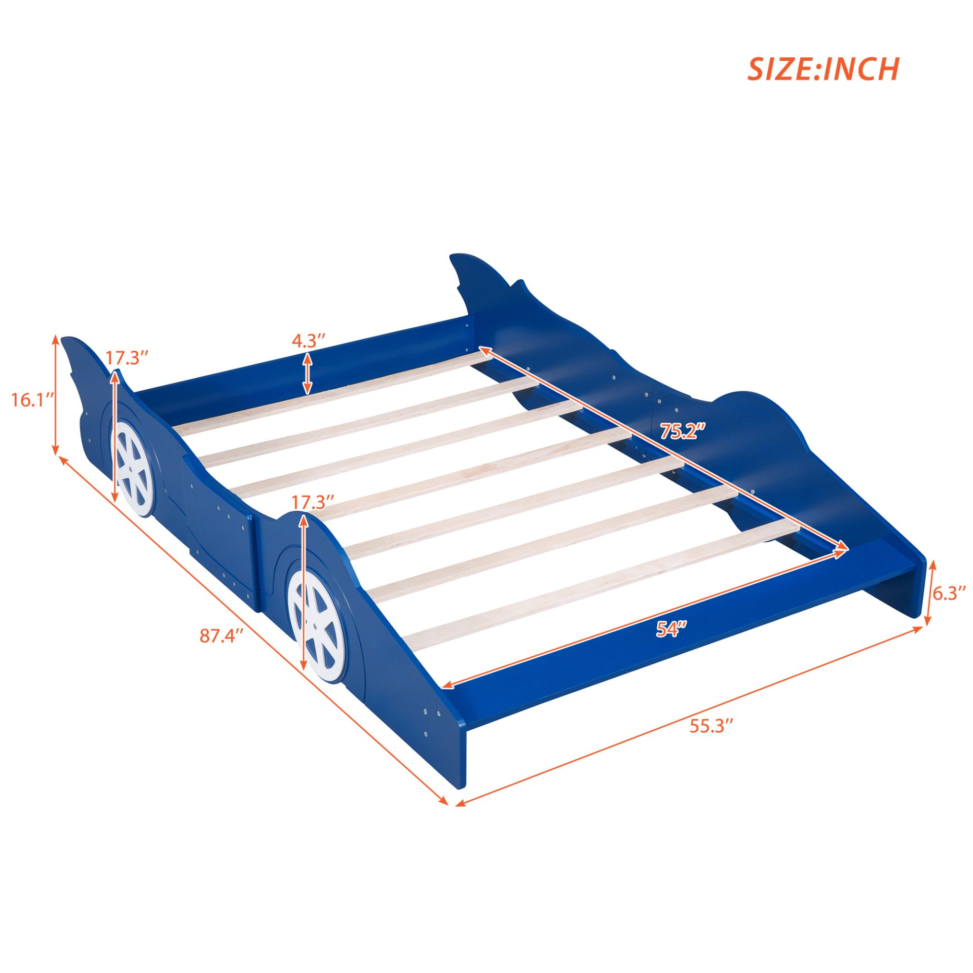 Full Size Race Car-Shaped Platform Bed & Wheels - Blue - Image 8