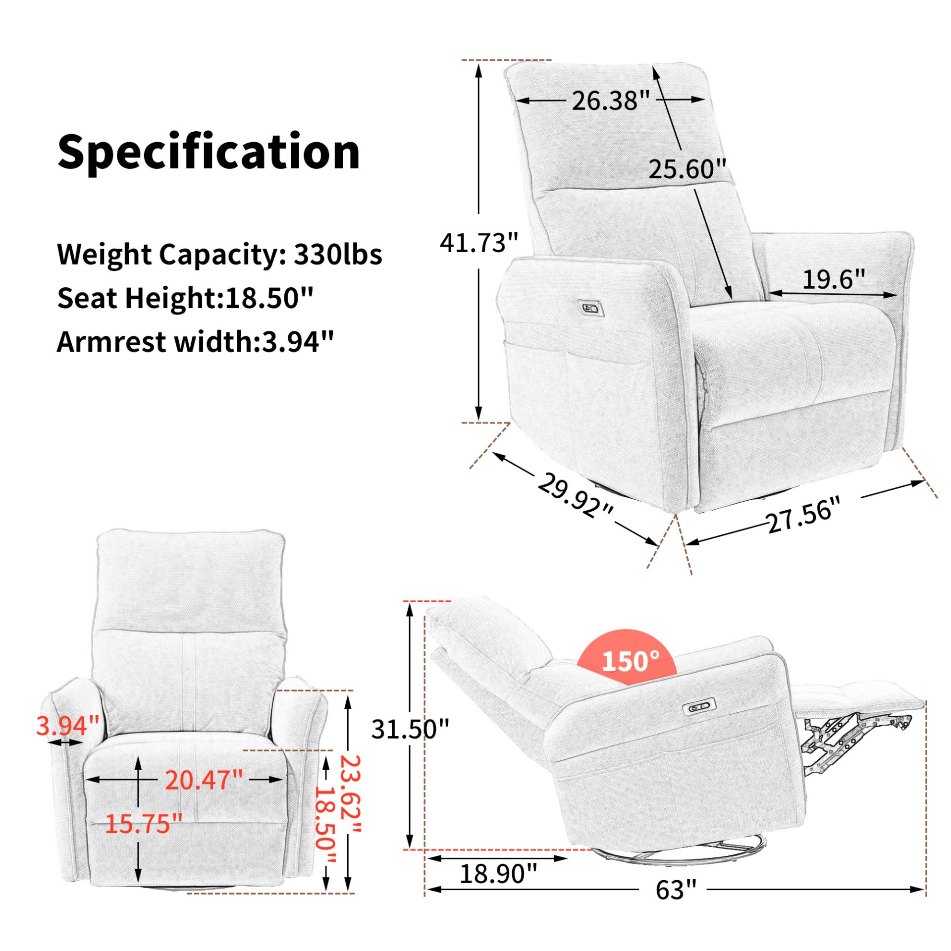 29.92" 270 Power Swivel Rocker Recliner Chair, Electric Glider Reclining Sofa With USB Ports, Power Swivel Glider, Rocking Chair Nursery Recliners For Living Room Bedroom - Brown - Image 2