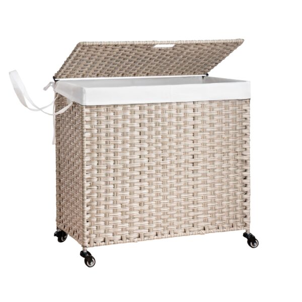 Laundry Hamper With Lid PE Rattan Powder Coating Frame Clothes Hampers With 2 Removable Bags, Wheels, 160L - Gray