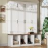 Farmhouse Hall Tree With 4 Hidden Hanging Hooks, Versatile Seating Bench With 8 Doors, Entryway Shoe Cabinet With Open Compartments For Living Room - White - Image 2