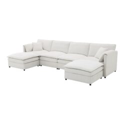 Chenille Modular Sectional Sofa, U Shaped Cloud Couch Set With Double Cushions, 6 Seat Sleeper Sofa Bed With Ottomans, Oversized Indoor Furniture - Cream