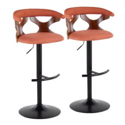 Gardenia - Contemporary Adjustable Barstool With Swivel With Rounded T Footrest (Set of 2) - Black / Walnut / Orange