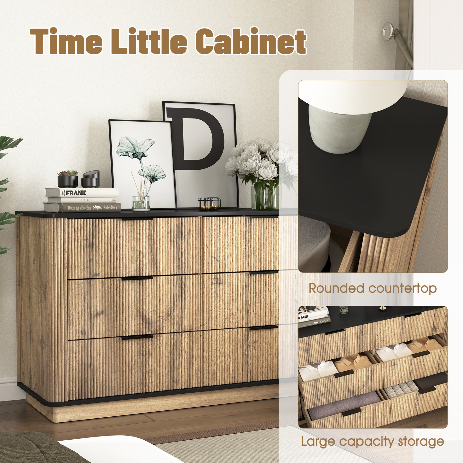 Modern 6 Drawer Cabinet With Metal Rounded Corners And Exquisite Handles Multi Functional Storage - Natural Wood - Image 9