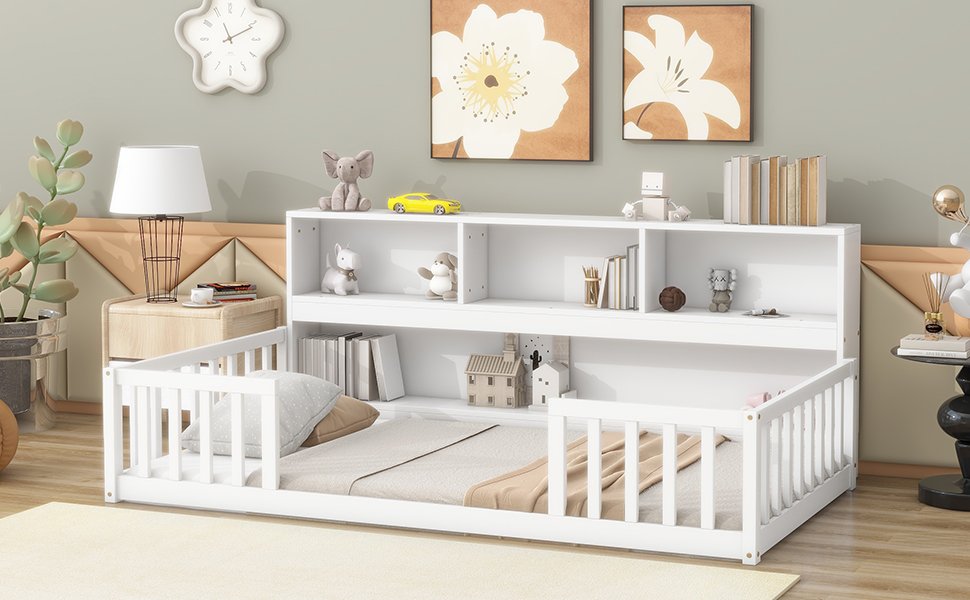Twin Floor Bed With Bedside Bookcase, Shelves, Guardrails - White - Image 6