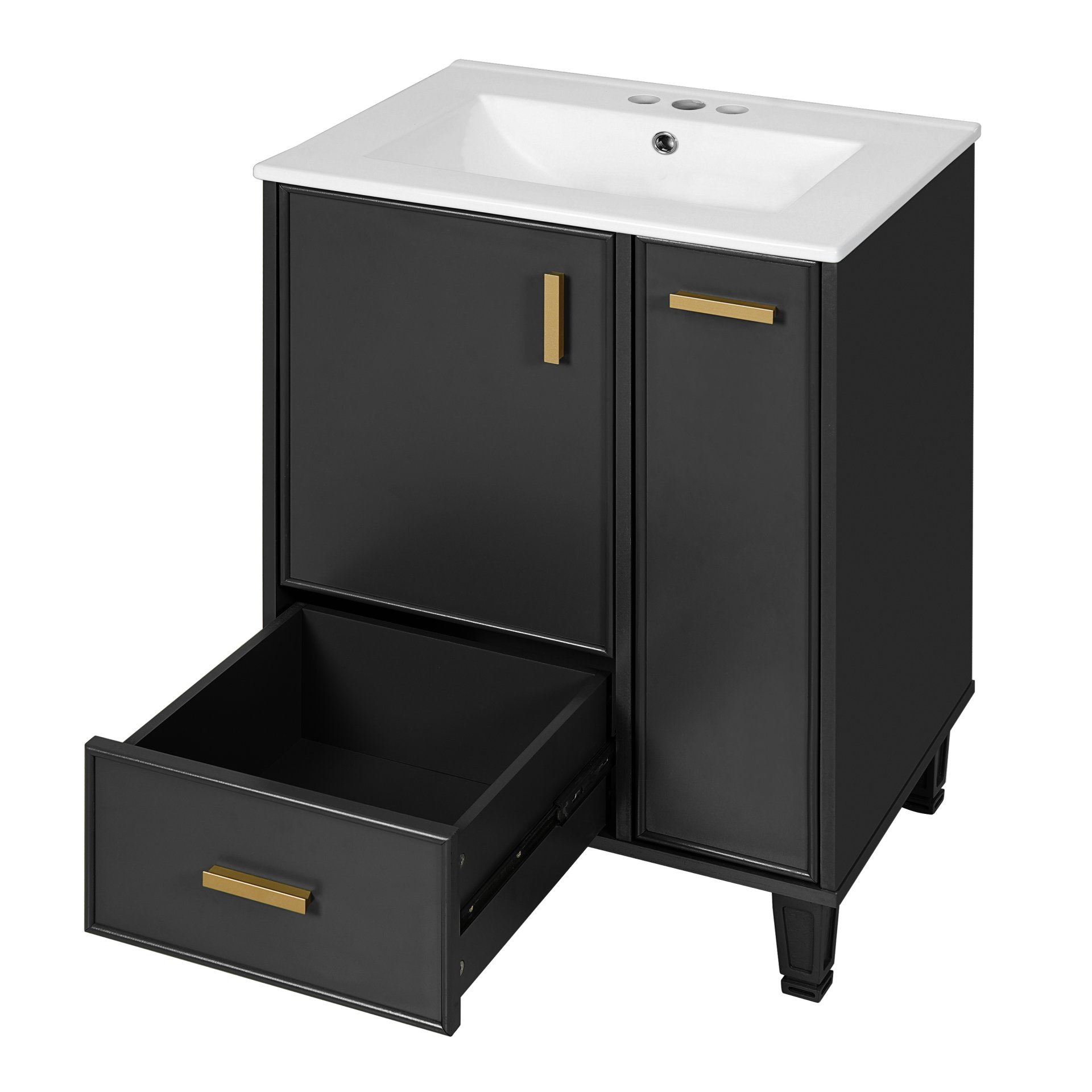 Modern Solid Wood And 24" Bathroom Vanity With Sink, Deep Drawer, Door Shelf, 2 Tier Basket - Black - Image 15