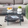 Modern 2 Tier Square Coffee Table Elegant Clear Glass And Marble Pattern - Black / Transparent - Image 5