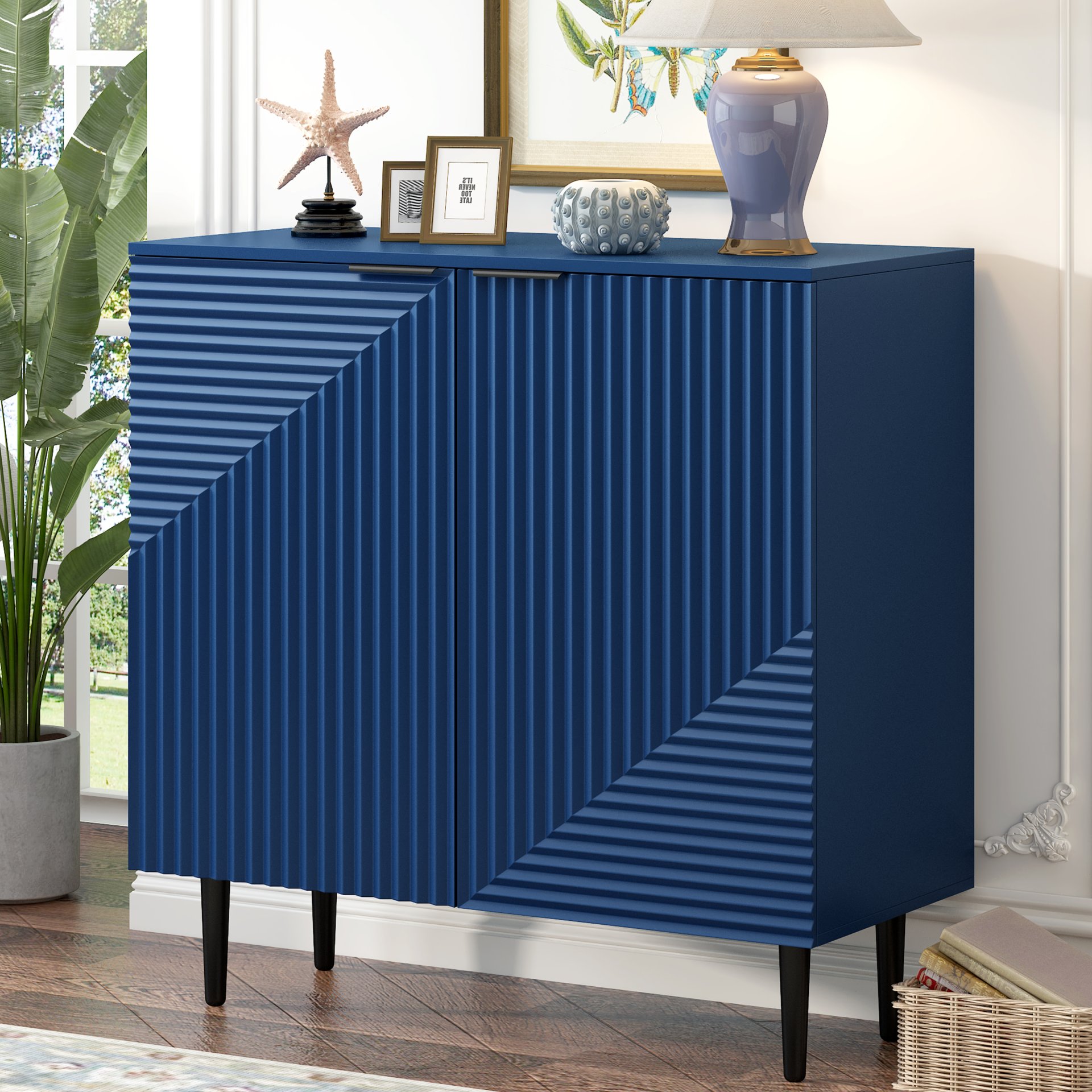 Side Cabinet With Adjustable Shelves And Geometric Door Panels - Navy Blue - Image 4