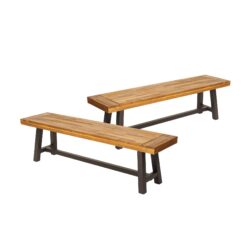Tranquilizer - Outdoor Acacia Wood Bench With Slat Panel Design (Set of 2) - Sandblasted Brown / Rustic Metal