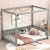 Full Size Canopy Frame Floor Bed With Fence, Guardrails - Gray - Image 2