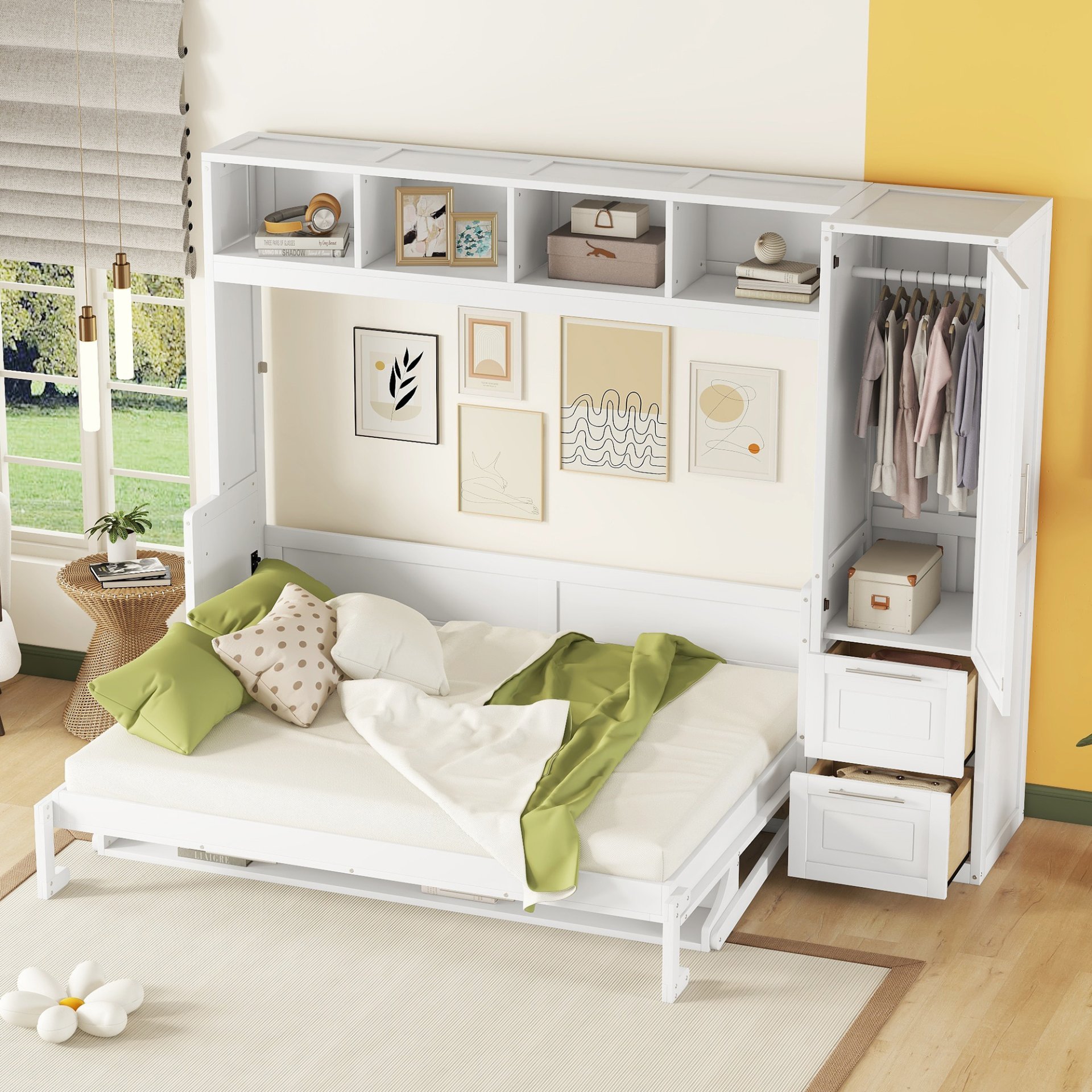 Queen Size Murphy Wall Bed With Closet And Drawers - White - Image 4