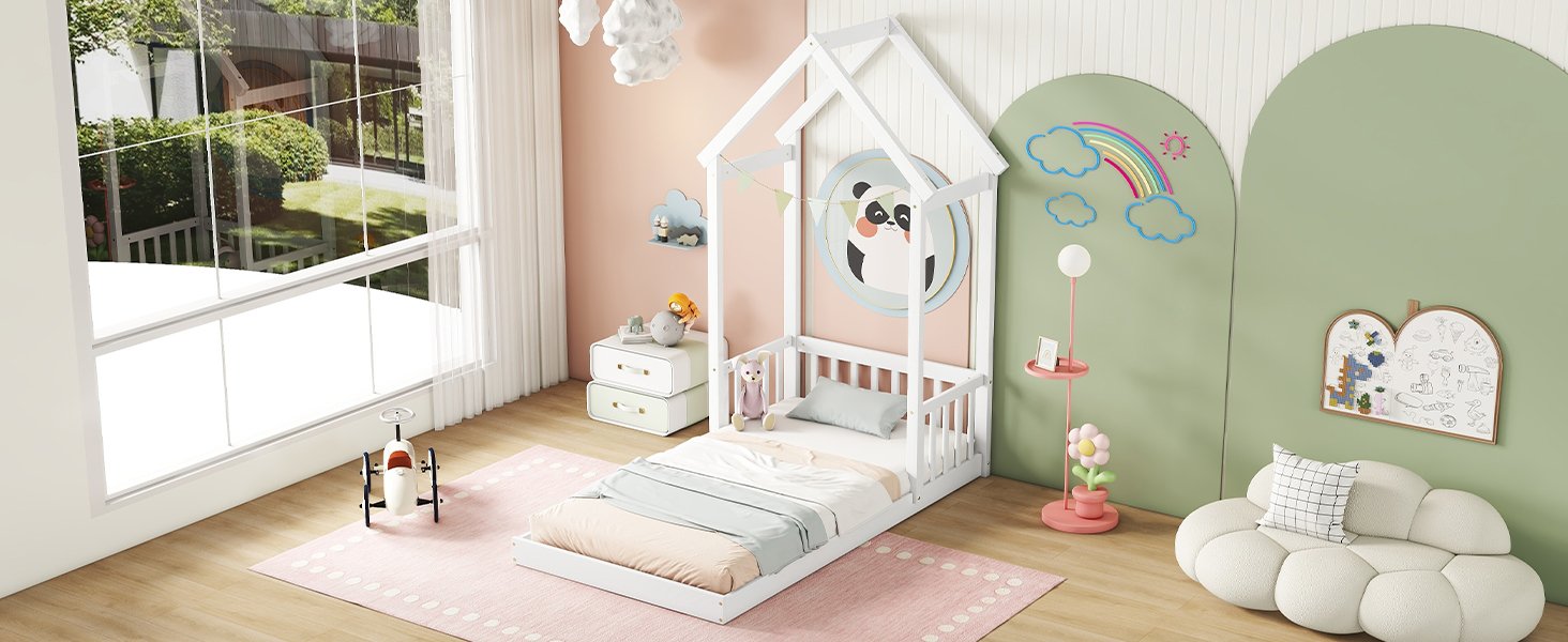 Twin House-Shaped Roof Headboard Floor Bed, (Without Slats) - White - Image 12