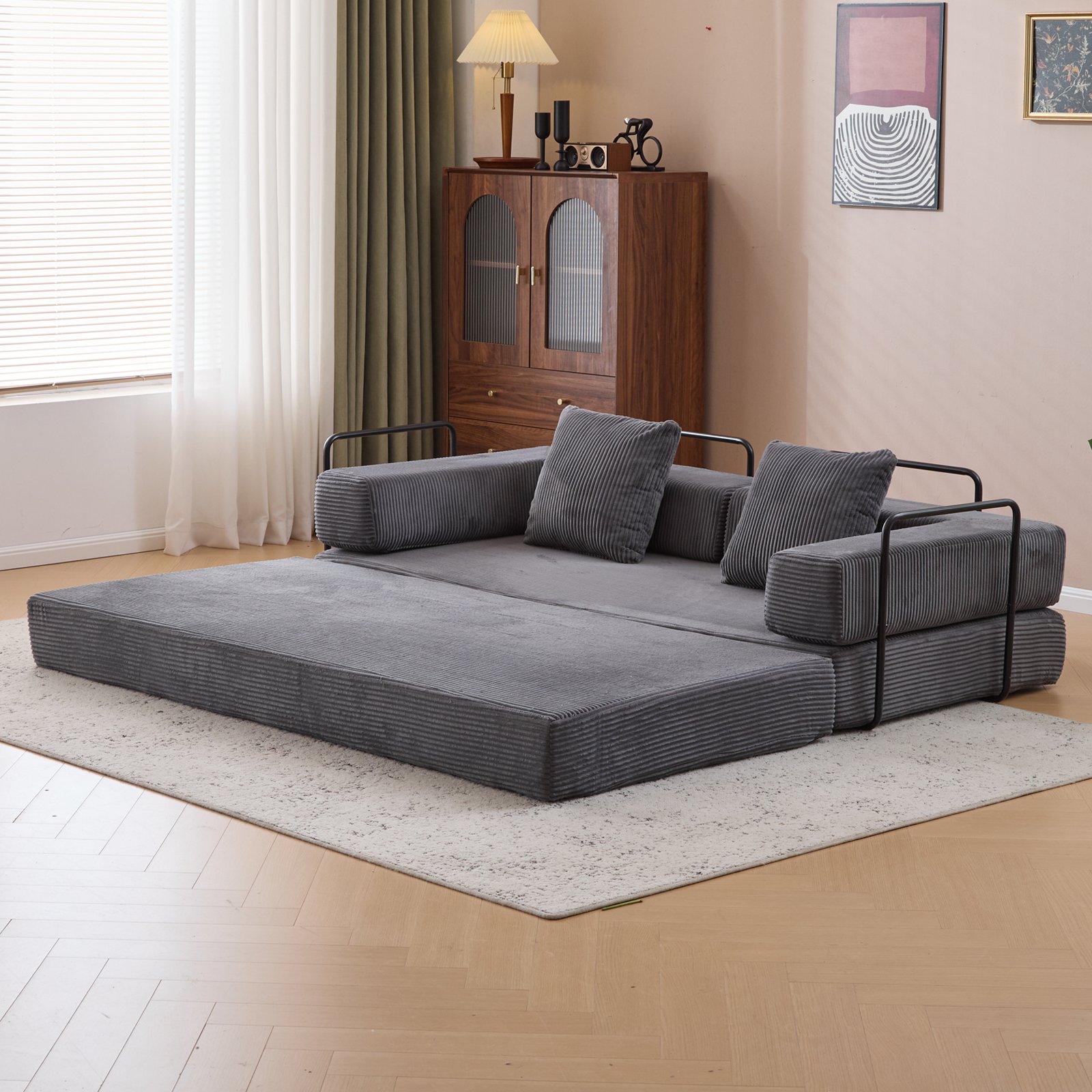 Floor Couch, Compression Sofa, Convertible Floor Sofa Bed With Pillow Back Support Armrest - Dark Gray - Image 2