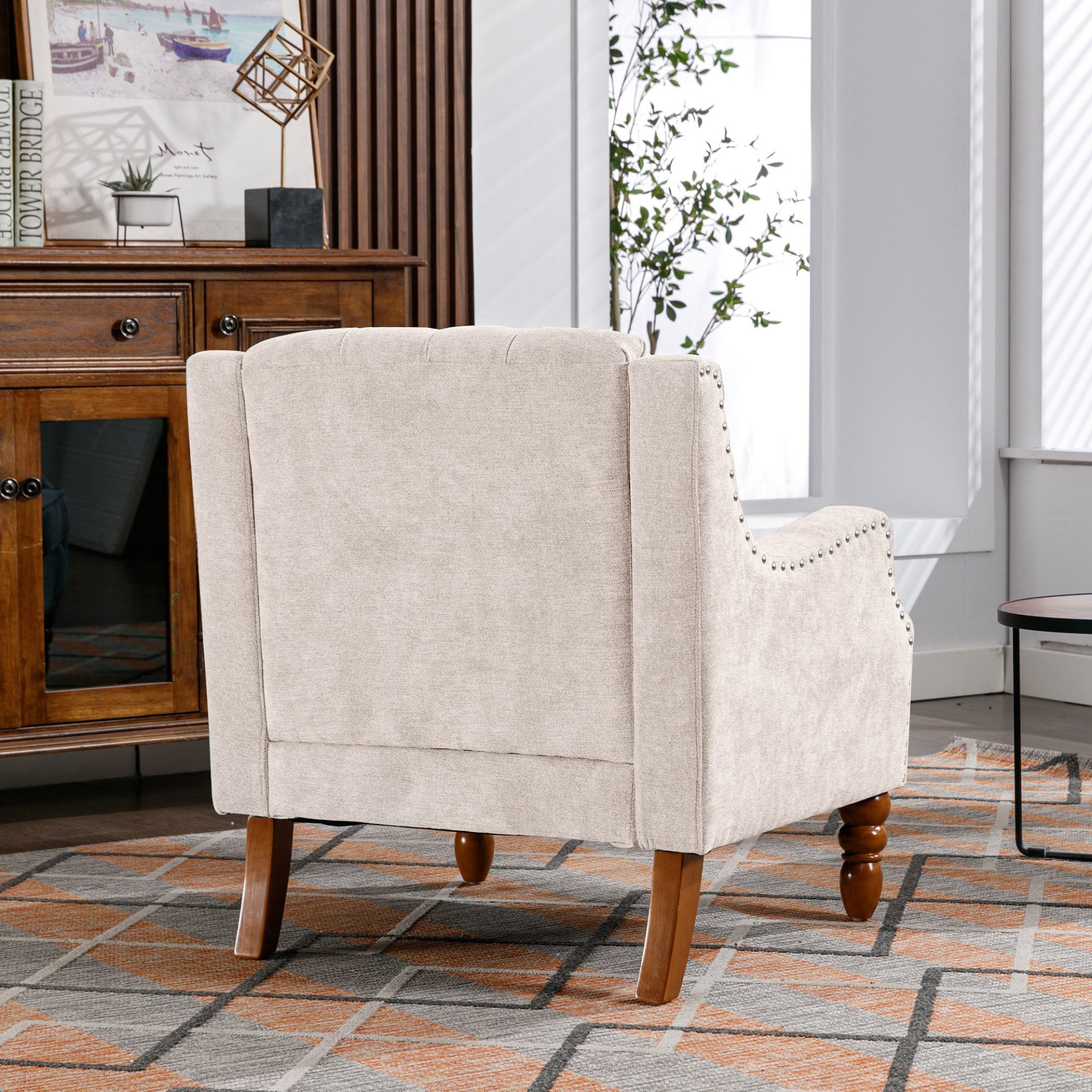 Accent Chair, Living Room Chair, Footrest Chair Set With Vintage Brass Studs, Button Tufted Upholstered Armchair For Living Room, Comfy Reading Chair For Bedroom, Reception Room - Beige - Image 6
