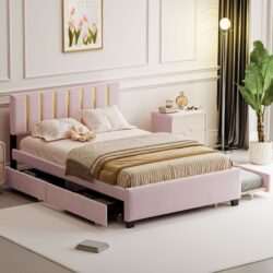 Queen Size Upholstered Platform Bed With 2 Drawers And 1 Trundle, Classic Strip Headboard Design - Pink