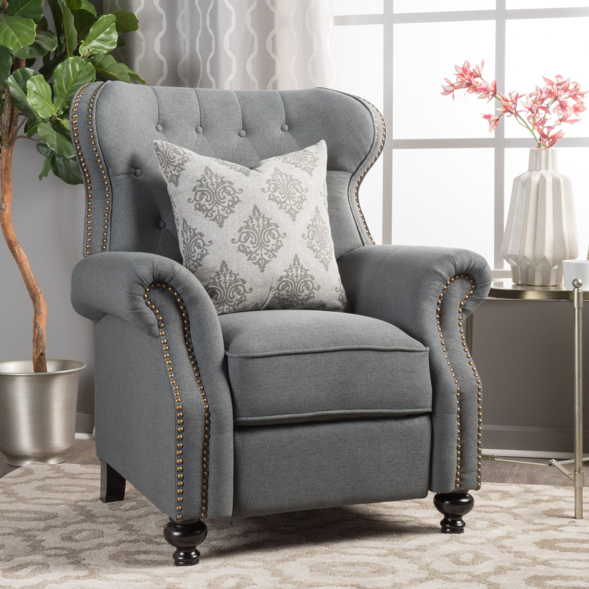 Accented Push Back Recliner Chair With Rolled Arms - Charcoal - Image 2