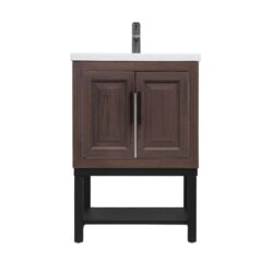 Modern Freestanding Bathroom Vanity With Ceramic Sink, Hot And Cold Faucet, 2 Door Cabinet & Open Iron Shelf, Magnesium Oxide And Iron Frame - Walnut