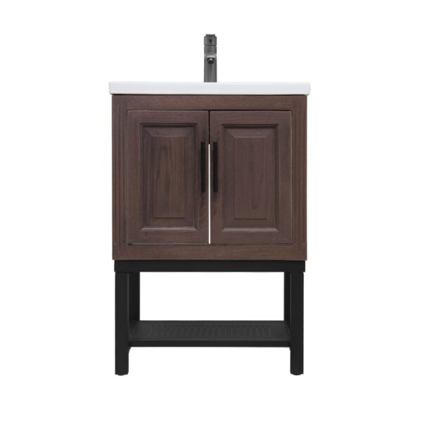 Modern Freestanding Bathroom Vanity With Ceramic Sink, Hot And Cold Faucet, 2 Door Cabinet & Open Iron Shelf, Magnesium Oxide And Iron Frame - Walnut