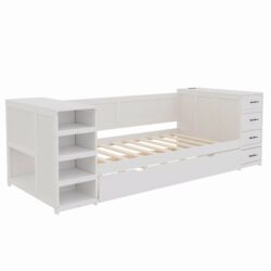 Twin Size Daybed With Trundle, Side Shelves, Drawers, Desk & Charging Station - White