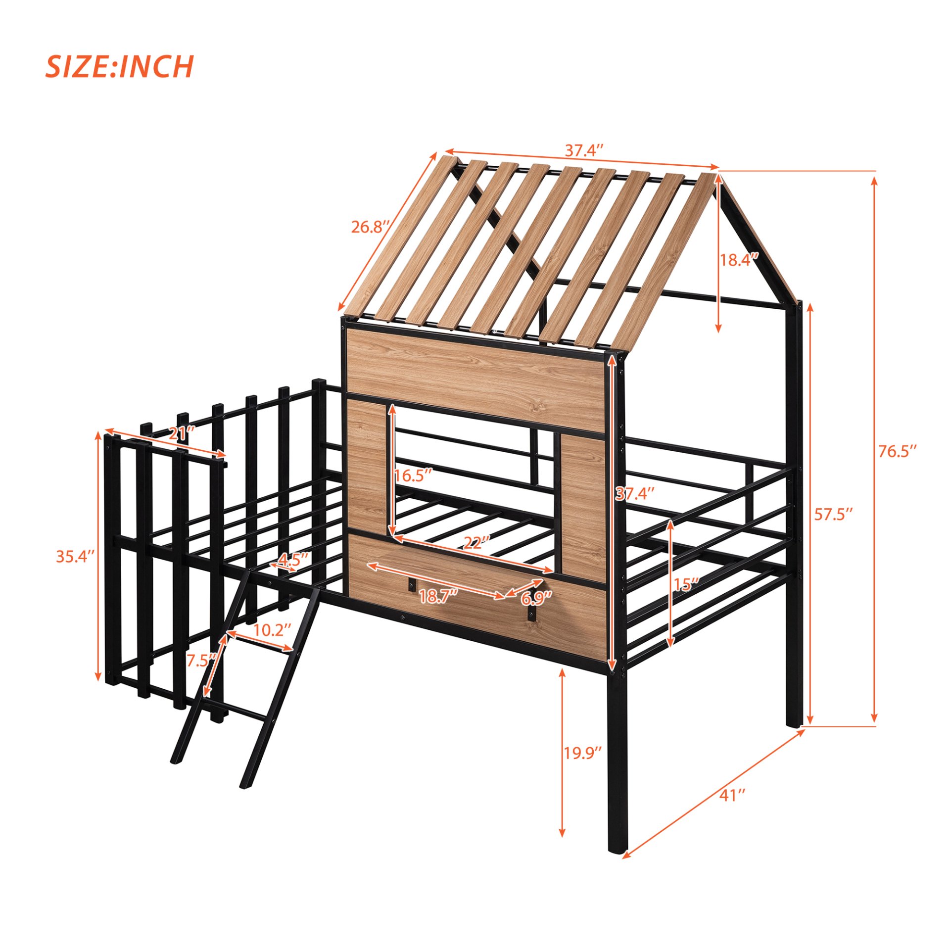 Twin Size Loft Bed With Roof, Window, Guardrail, Ladder - Black - Image 7