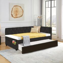 Upholstered Twin Size Daybed Bed Frame (Corner Bed) With Trundle, Velvet Fabric, Studding Design, No Box Spring Required - Black