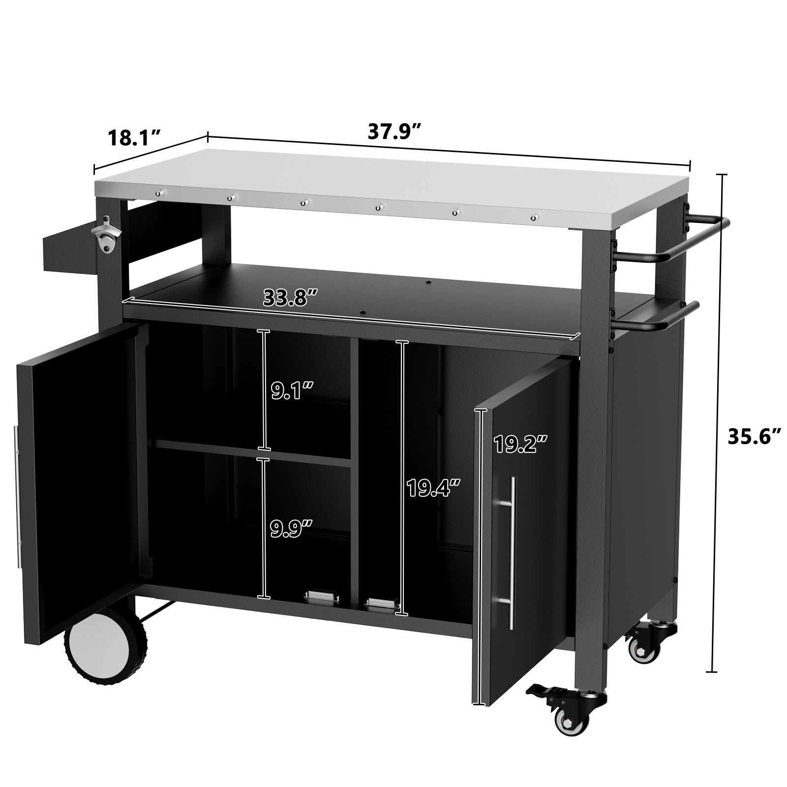 Outdoor Grill Cart With 2 Doors And Patio Furniture Stainless Steel Tabletop - Black / Silver - Image 3