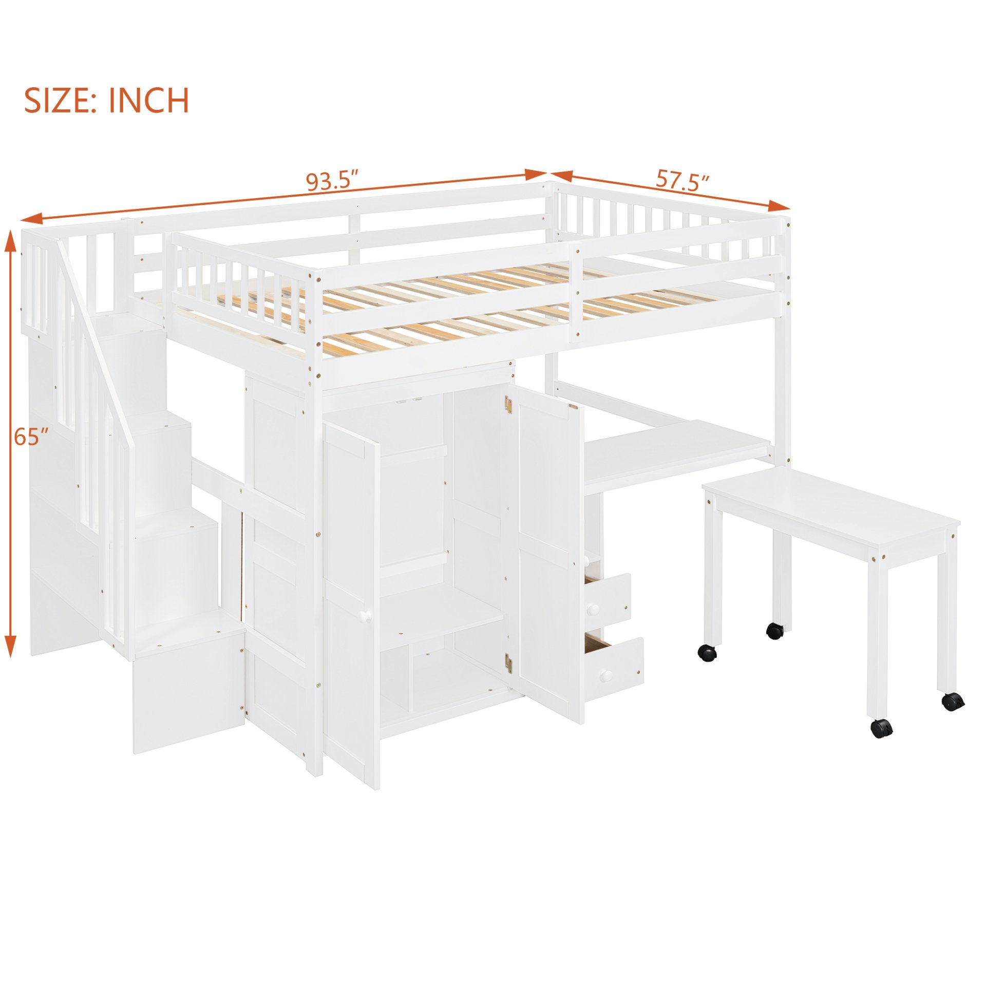 Full Size Loft Bed With Stairs, Bookshelf, Drawers, Desk & Wardrobe, Space Saving Multifunctional Furniture - White - Image 7
