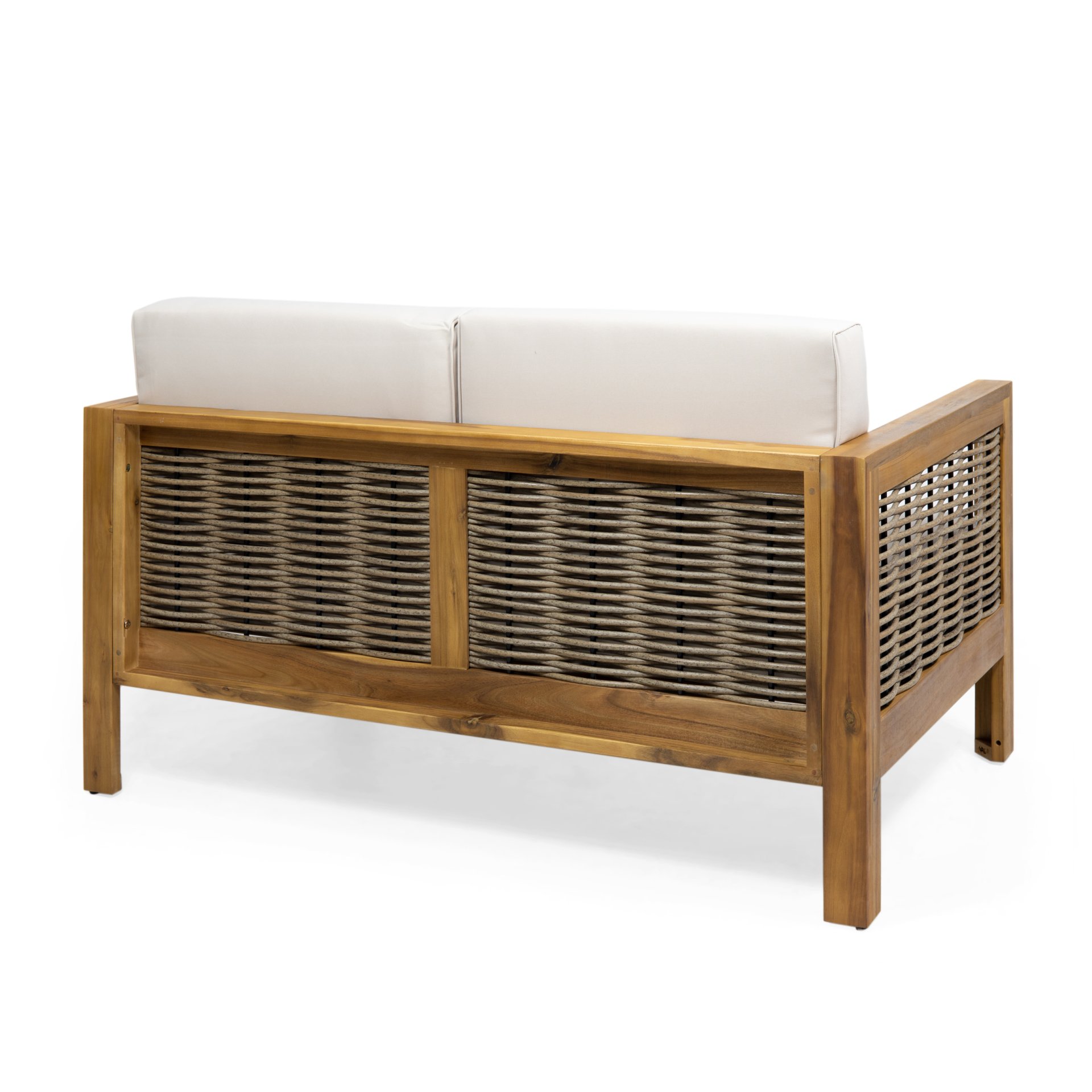 Outdoor 4 Seater Acacia Wood Chat Set With Wicker Accents And Cushions - Teak / Mixed Brown / Beige - Image 10