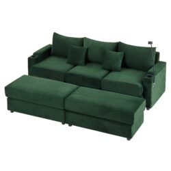 Modern Style 3 Seater Sofa Sectional Sofa Couch With Storage Space, Two Movable Ottomans, Two USB Ports, Two Cup Holders, A Phone Holder For Living Room - Green