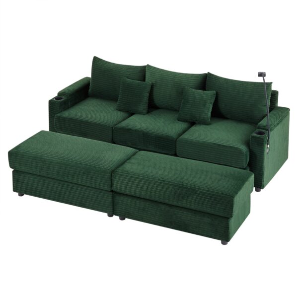 Modern Style 3 Seater Sofa Sectional Sofa Couch With Storage Space, Two Movable Ottomans, Two USB Ports, Two Cup Holders, A Phone Holder For Living Room - Green