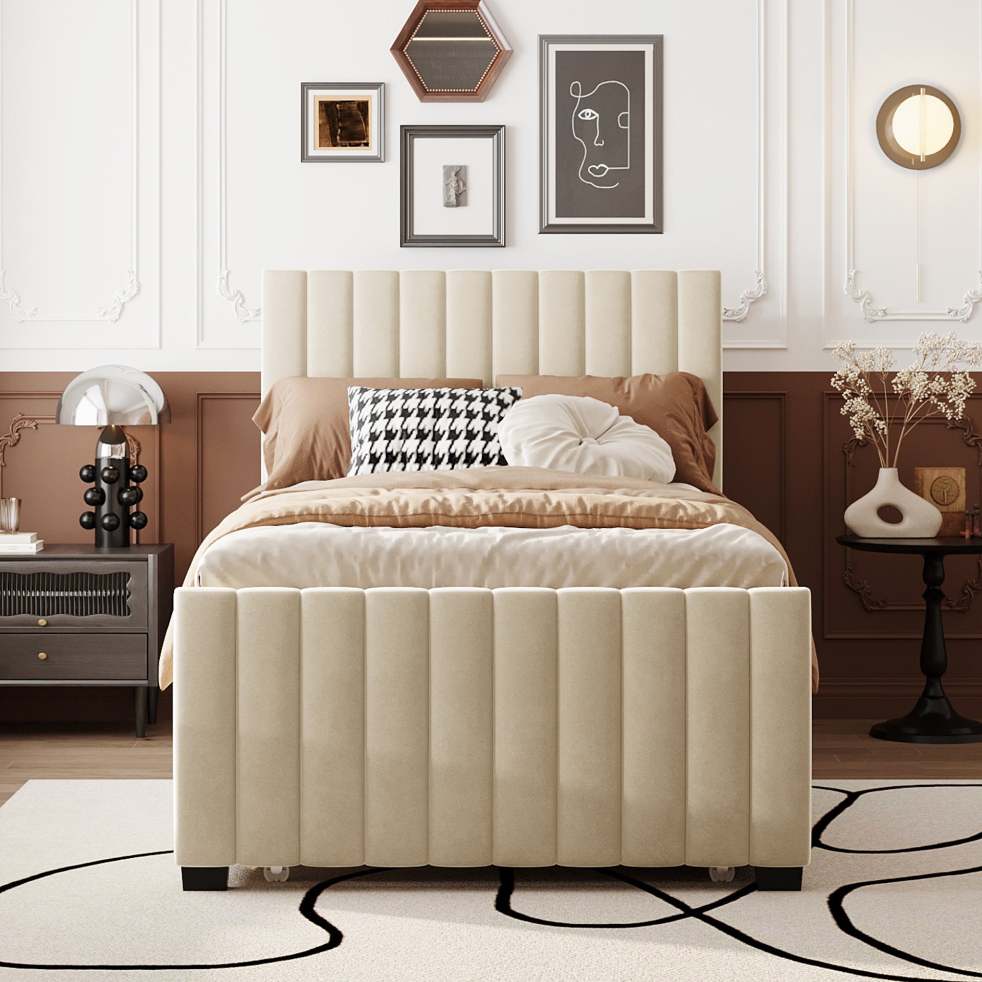 Twin Size Upholstered Platform Bed With Twin Size Trundle - Beige - Image 2