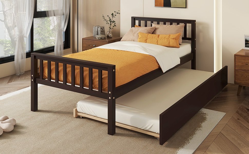 Twin Bed With Trundle, Platform Bed Frame With Headboard And Footboard, For Bedroom Small Living Space, No Box Spring Needed - Espresso - Image 6