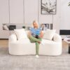 Loveseat Sofa With Wood Grain Chenille Fabric, Cloud White High Density Sponge Couch, Compact Design For Small Spaces - Beige - Image 5