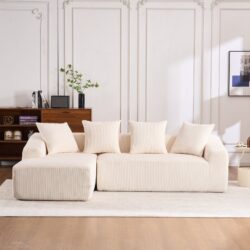 Compression Sofa: Combining Chaise Longue With 3 Seater, Corduroy Fabric, Full Sponge Compression Sofa, Combined Sofa With 4 Pillows For Living / Home Furniture / Apartment - White