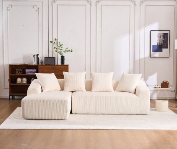 Compression Sofa: Combining Chaise Longue With 3 Seater, Corduroy Fabric, Full Sponge Compression Sofa, Combined Sofa With 4 Pillows For Living / Home Furniture / Apartment - White