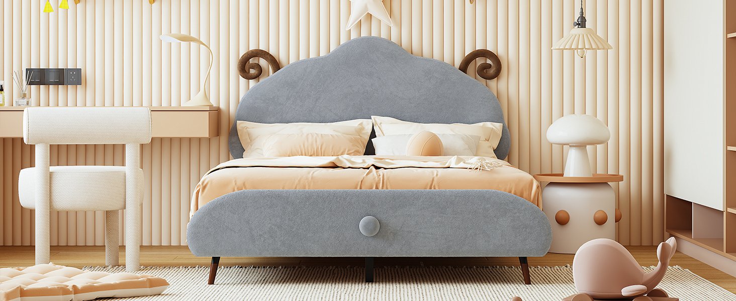 Full Size Upholstered Platform Bed With Sheep Shaped Headboard - Gray - Image 14