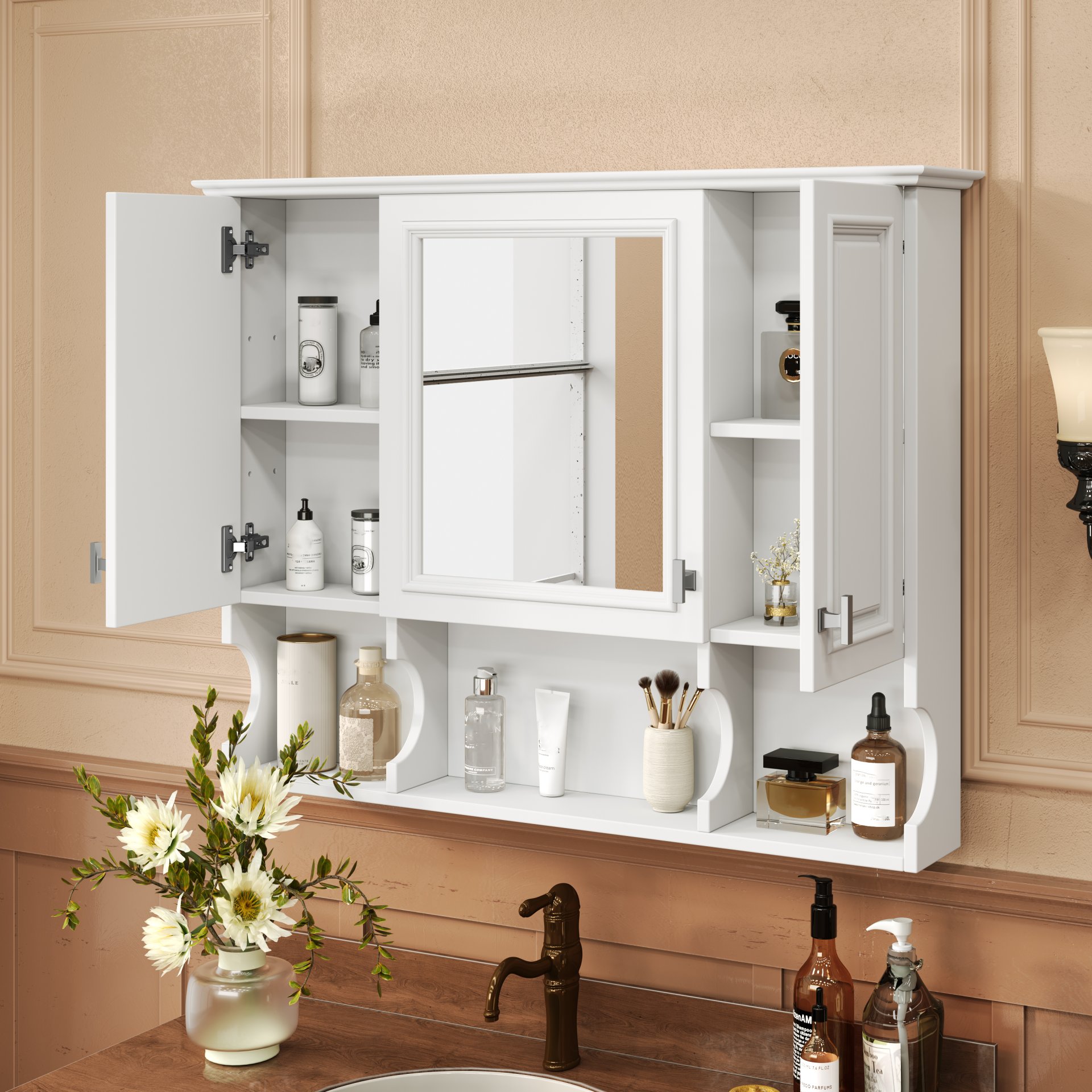 Wall Mounted Bathroom Medicine Cabinet, Modern Bathroom Wall Cabinet With Mirror, Mirror Cabinet With Open Shelves - White - Image 2