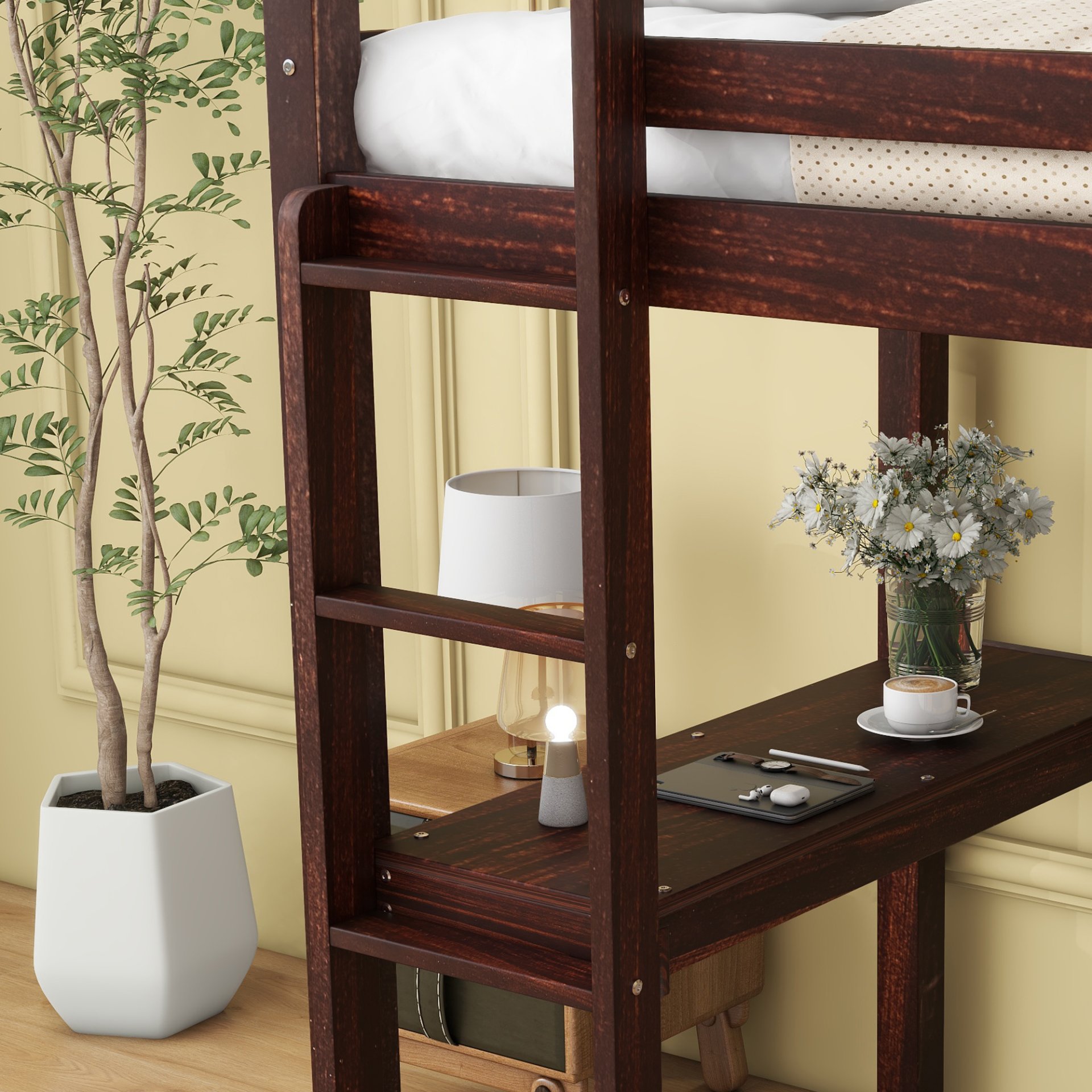 Twin Loft Pine Wood Bed With Built-In Desk, Safety Guardrails, Ladder - Espresso - Image 4