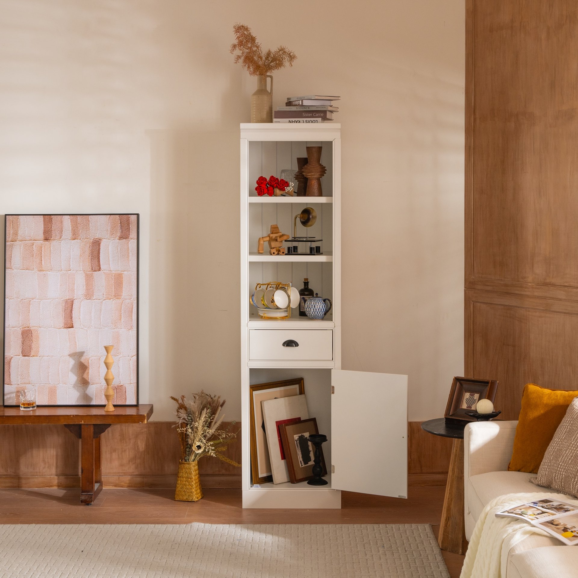 Retro Style 75'' Tall Display Shelf With Cabinet For Hallways Living Room Kitchen - White - Image 6