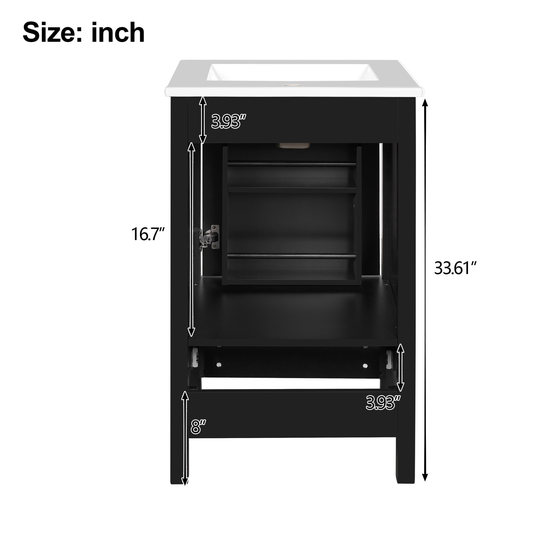 20" Bathroom Vanity With Sink, Soft Close Drawers, Door Organizer, Divider Drawer, Adjustable Foot Pads - Black - Image 11