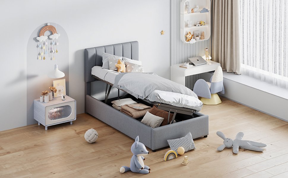 Twin Size Upholstered Platform Bed With A Hydraulic Storage System - Gray - Image 15