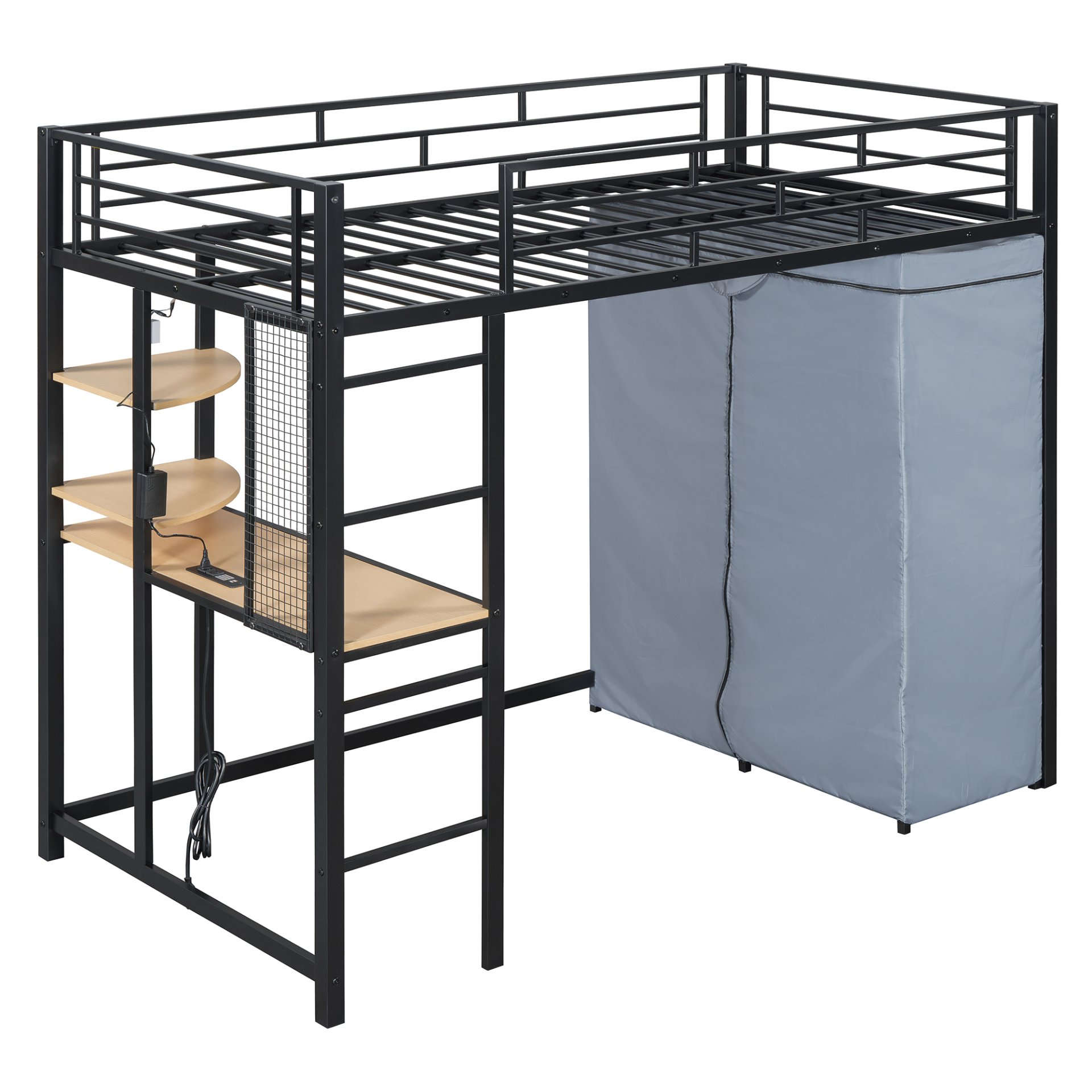 Twin Size Loft Bed With Desk, Shelves, Power Outlet, LED Light And Wardrobe - Black - Image 10