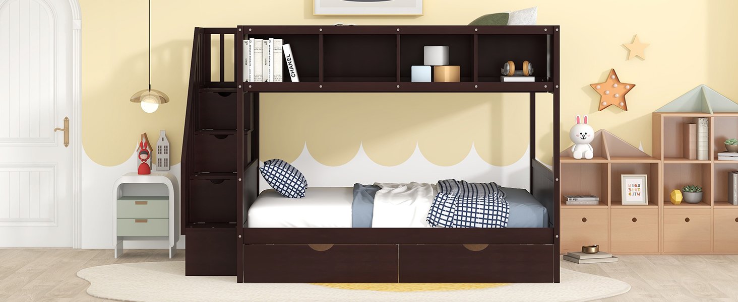 Twin Over Full Bunk Bed With Shelfs, Storage Staircase And 2 Drawers - Espresso - Image 16